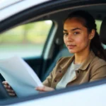 Young driver reviewing comprehensive car insurance policy while seated in their vehicle