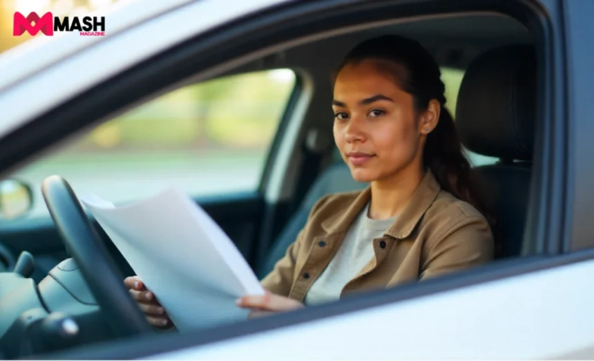 Young driver reviewing comprehensive car insurance policy while seated in their vehicle