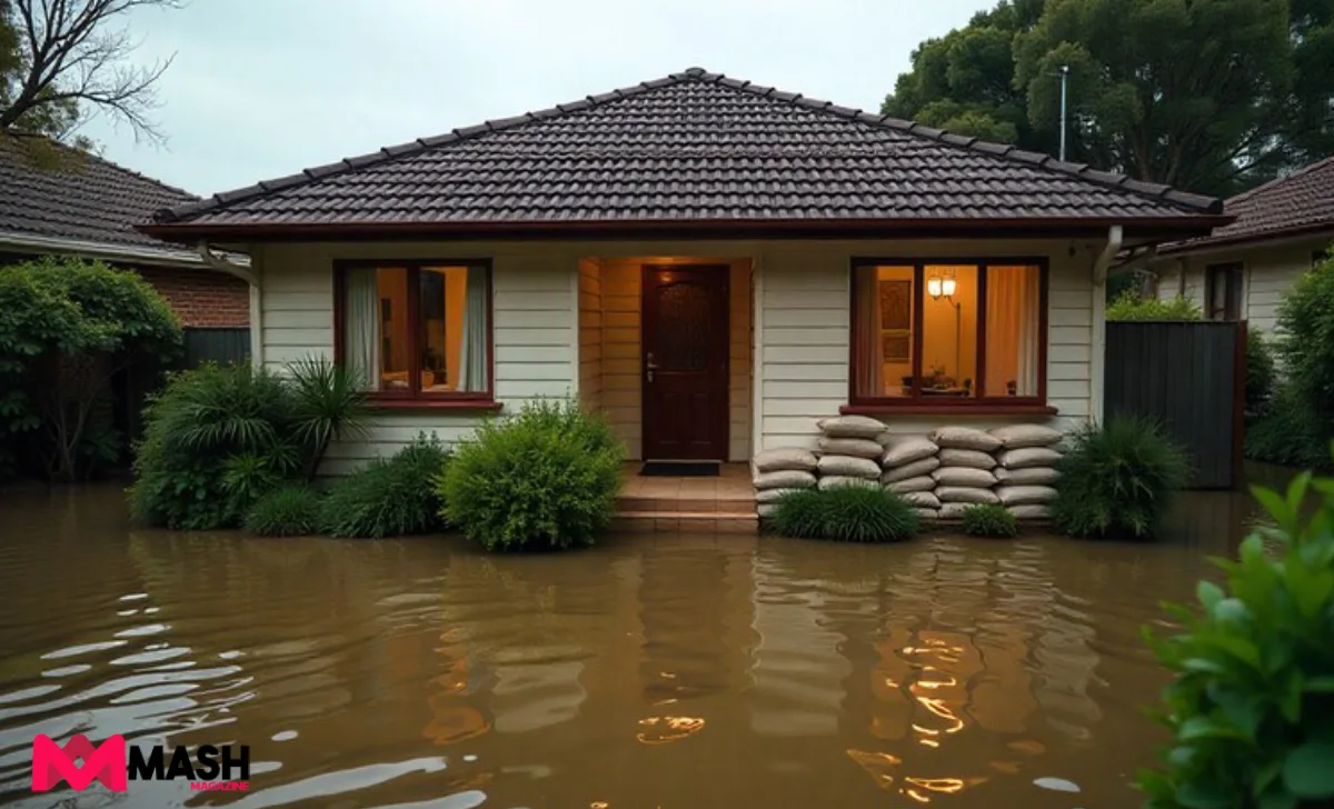 Australian house with flood water and sandbags showing flood insurance risk