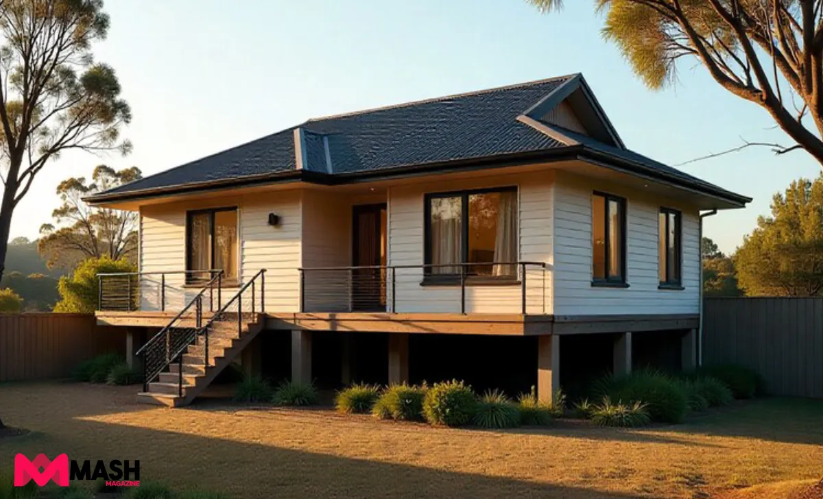Australian home with elevated foundation and bushfire resistant landscaping showing disaster mitigation features