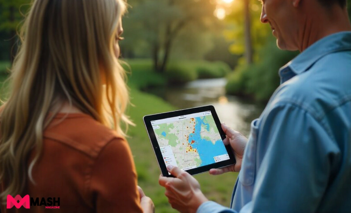  Homeowner checking flood risk map on tablet in backyard near creek