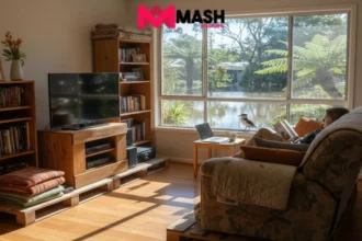 Australian living room prepared for flooding with insured furniture and belongings safely elevated above flood level.