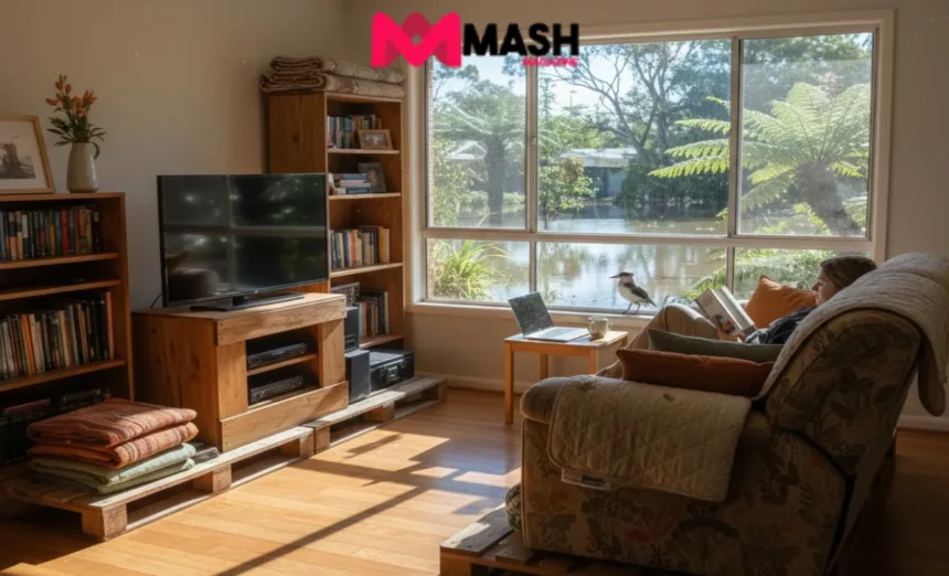 Australian living room prepared for flooding with insured furniture and belongings safely elevated above flood level.