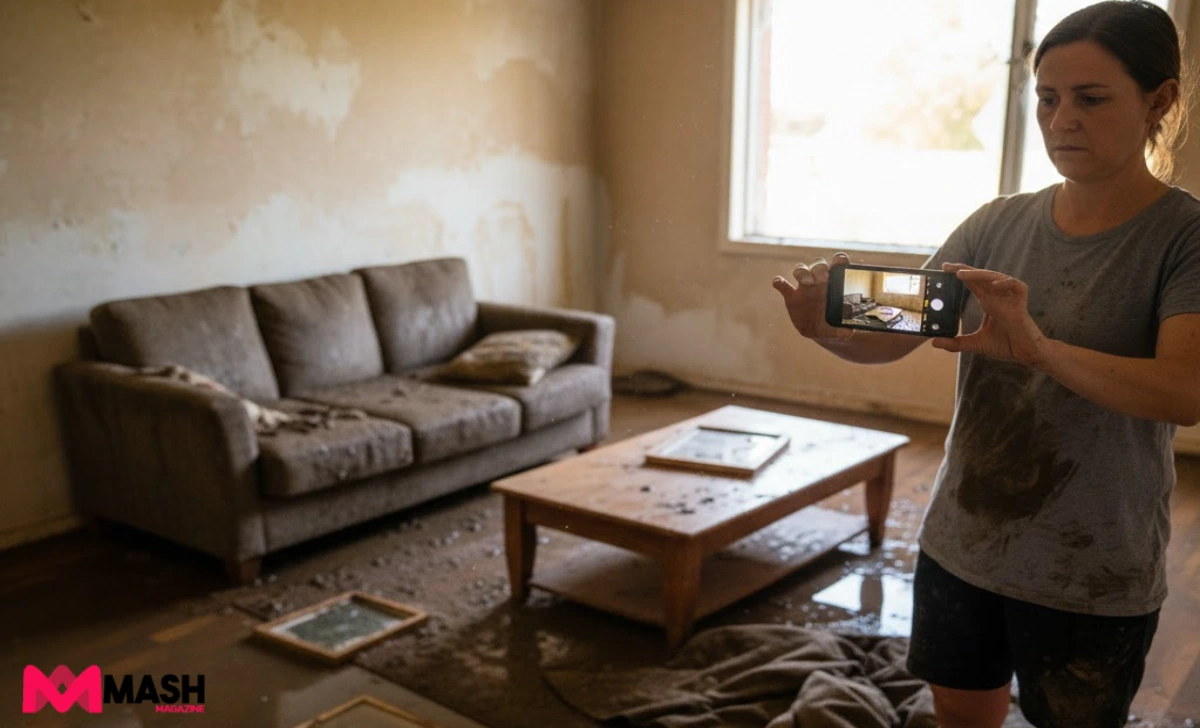 Person photographing flood-damaged furniture with smartphone for insurance claim