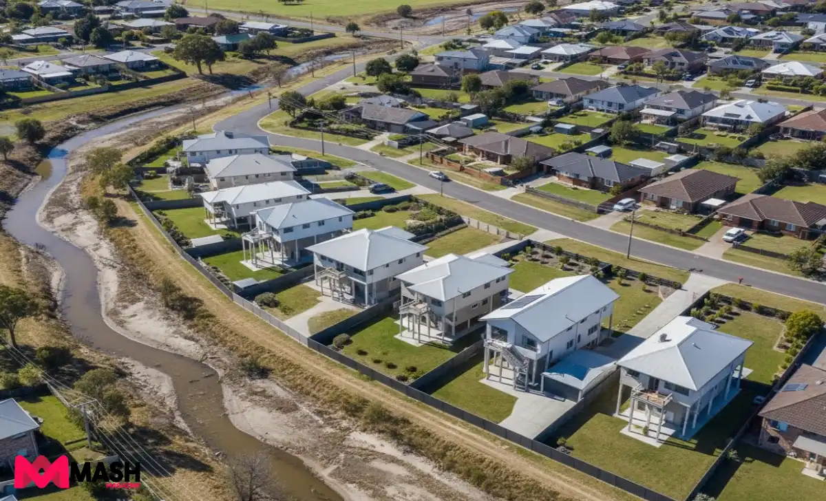 Aerial view of Australian homes showing elevation differences and flood risk factors affecting insurance premiums