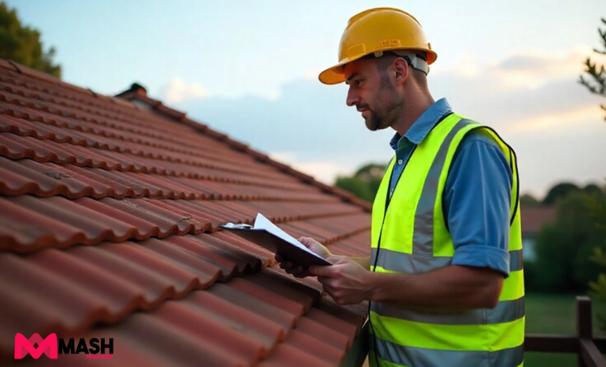 Insurance assessor inspecting storm damaged roof for home insurance claim assessment Australia