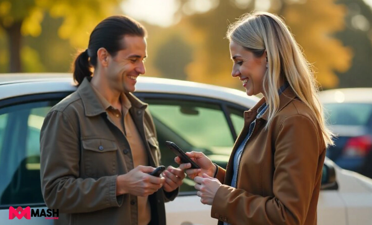Two people discussing car insurance coverage beside vehicle in Australia