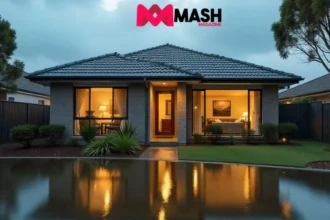 Suburban Australian home with flood and bushfire risk indicators, illustrating rising home insurance costs due to natural disasters.