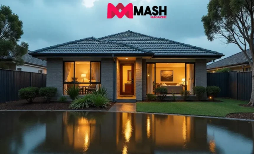 Suburban Australian home with flood and bushfire risk indicators, illustrating rising home insurance costs due to natural disasters.