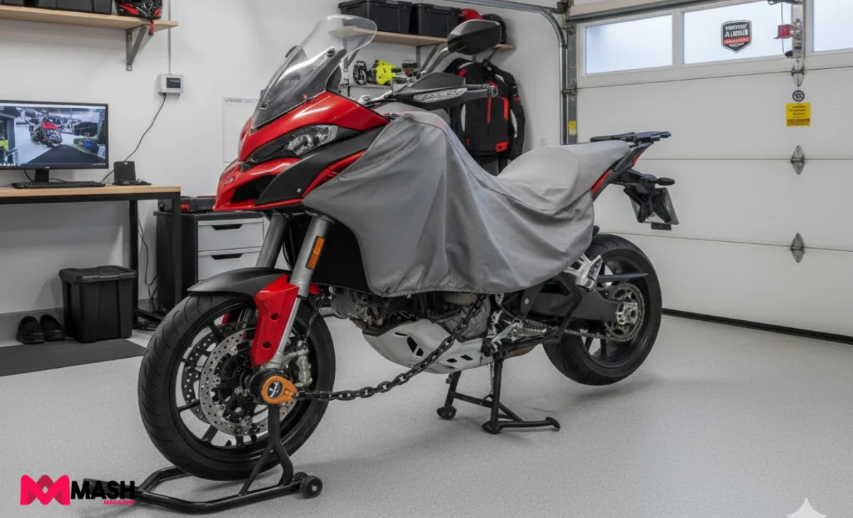 Motorcycle stored securely in Australian garage with security equipment to reduce insurance costs