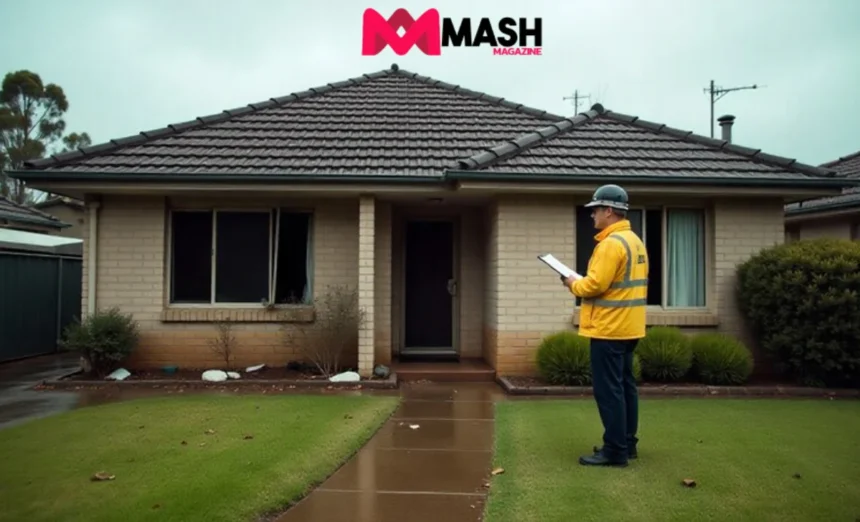 Insurance assessor examining roof and interior storm damage at an Australian home.