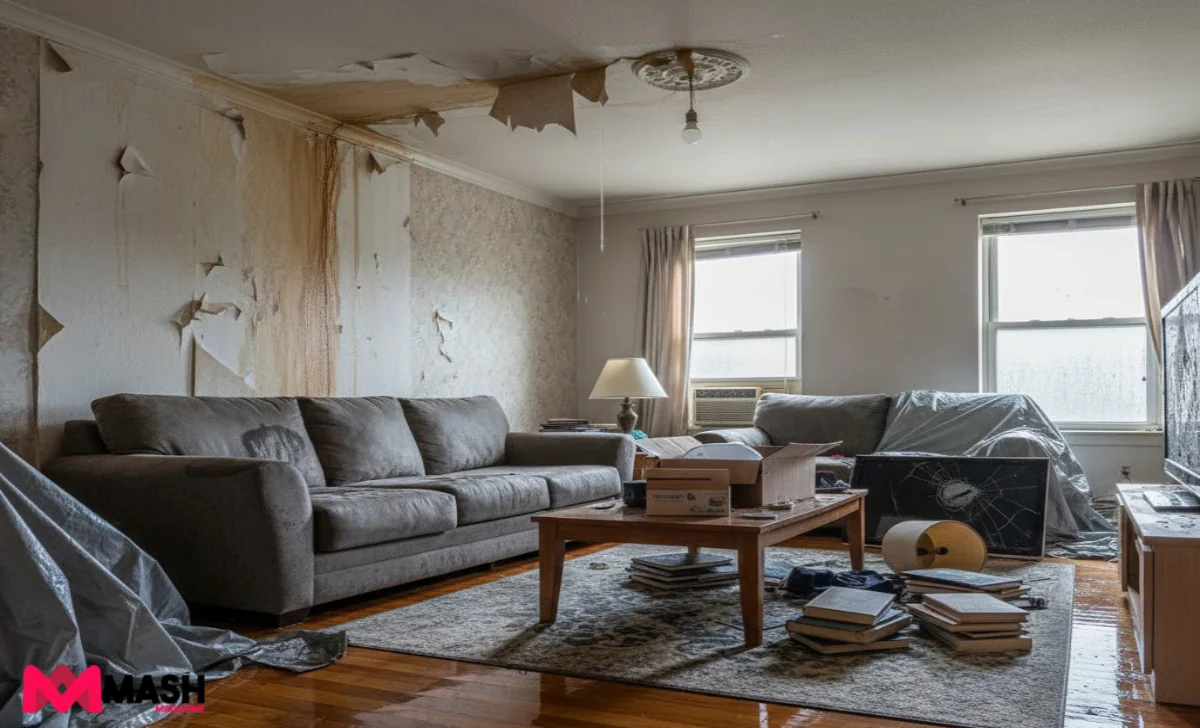 Apartment interior with water damage showing need for contents insurance coverage