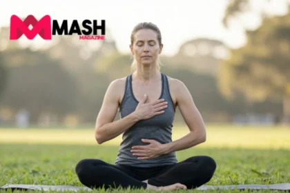 Australian woman demonstrating fast breathing stress relief technique in peaceful park setting with hands on chest and belly