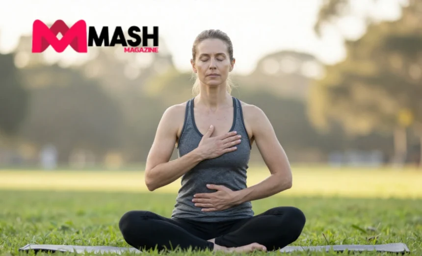 Australian woman demonstrating fast breathing stress relief technique in peaceful park setting with hands on chest and belly