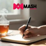 Journaling reduce anxiety - hands writing in journal with tea cup in morning light