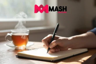 Journaling reduce anxiety - hands writing in journal with tea cup in morning light