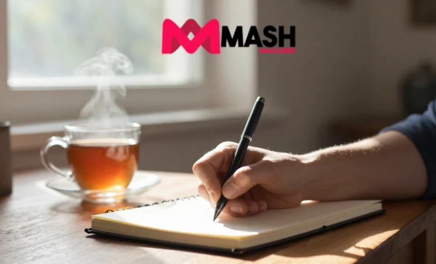 Journaling reduce anxiety - hands writing in journal with tea cup in morning light