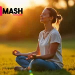 Woman using mindful living tips outdoors in Australian garden during peaceful morning meditation practice