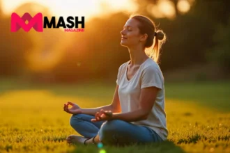 Woman using mindful living tips outdoors in Australian garden during peaceful morning meditation practice