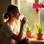 Small daily habits wellness morning routine with woman drinking water by sunny window in Australian home interior