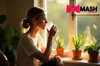 Small daily habits wellness morning routine with woman drinking water by sunny window in Australian home interior