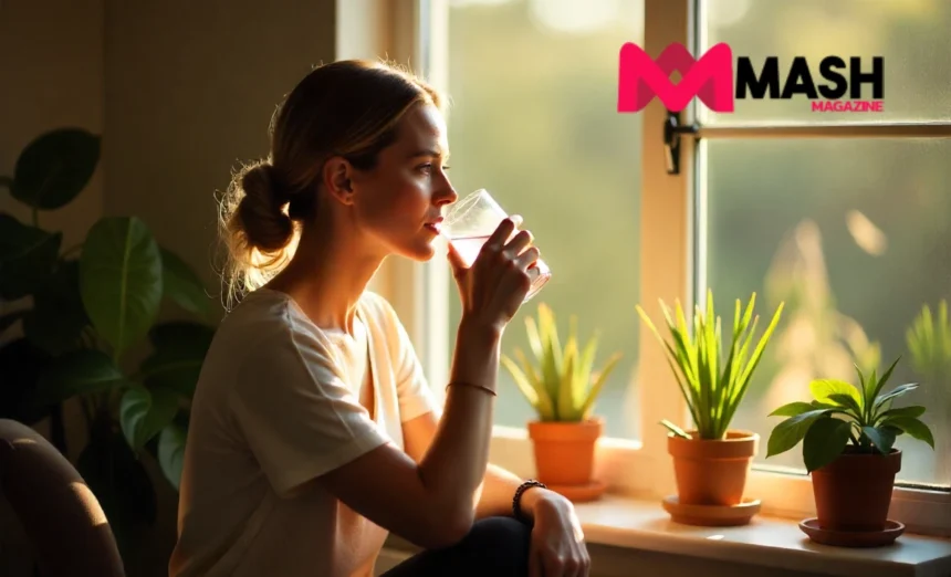 Small daily habits wellness morning routine with woman drinking water by sunny window in Australian home interior