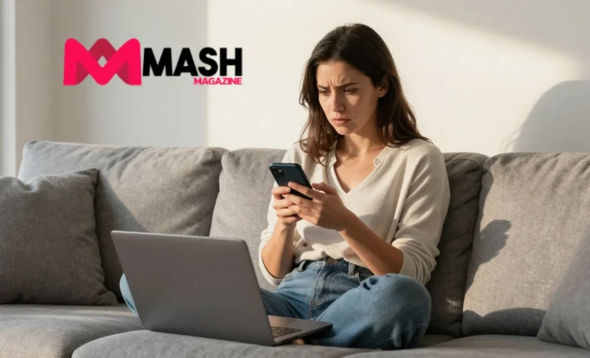 Stresslaxing woman on couch with phone anxiety Australian home showing stresslaxing guilt symptoms stresslaxing stress