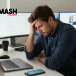 Stressed Australian professional with digital overload stress surrounded by laptop, phone & tablet with notifications popping up