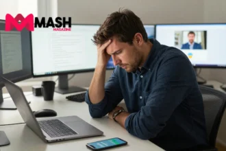 Stressed Australian professional with digital overload stress surrounded by laptop, phone & tablet with notifications popping up