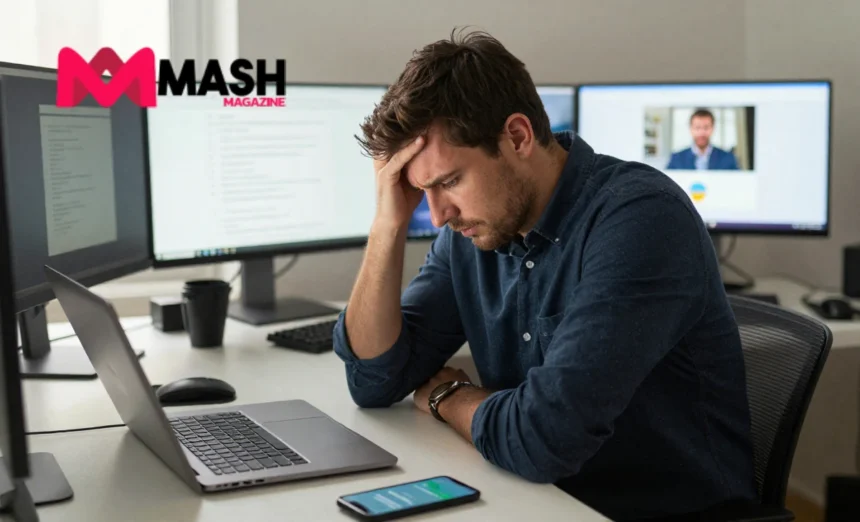 Stressed Australian professional with digital overload stress surrounded by laptop, phone & tablet with notifications popping up