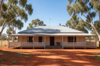 Modern Australian barndominium with steel-frame construction, large verandah, integrated workshop, and open-plan living on a rural property.