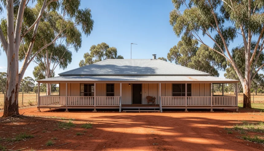 Modern Australian barndominium with steel-frame construction, large verandah, integrated workshop, and open-plan living on a rural property.