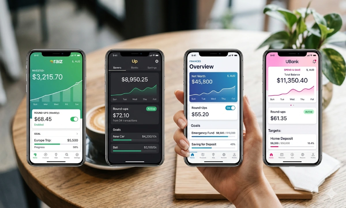 Four Australian savings apps – Raiz, Up Bank, Frollo, and UBank – displaying round-up investment features and savings goal trackers on smartphone screens, with AUD currency and local branding visible.