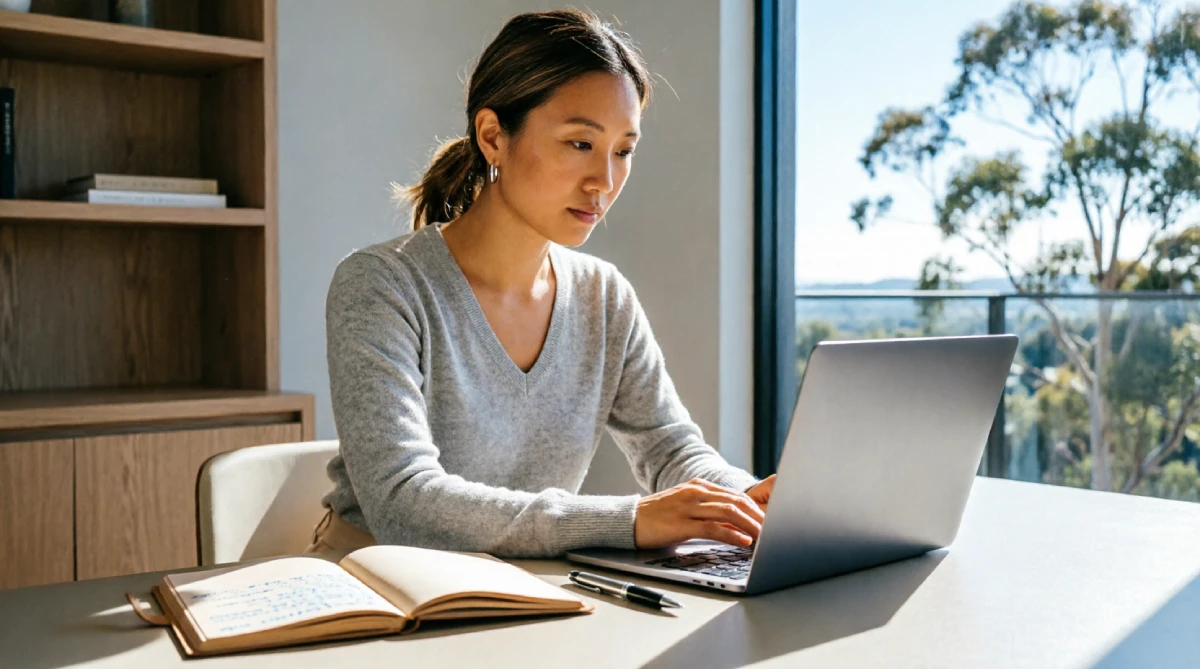 Freelance writer typing on a laptop with a notebook nearby in a sunlit Australian home office