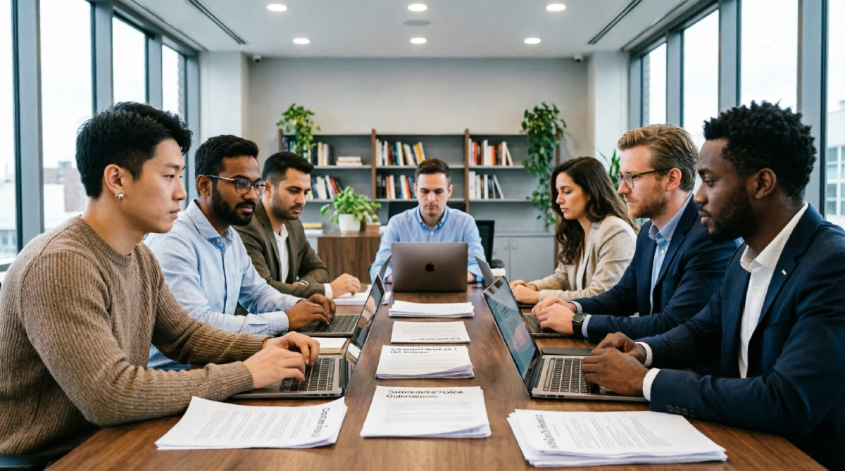 Diverse group of writers and editors collaborating around a conference table with laptops and printed content briefs in a professional creative workspace