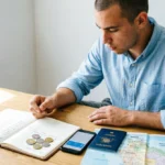 Young man reviewing travel budget notes, Australian coins, passport, and map while planning a cost-effective Australian holiday.