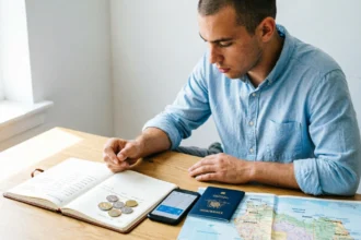 Young man reviewing travel budget notes, Australian coins, passport, and map while planning a cost-effective Australian holiday.
