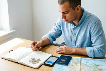 Young man reviewing travel budget notes, Australian coins, passport, and map while planning a cost-effective Australian holiday.