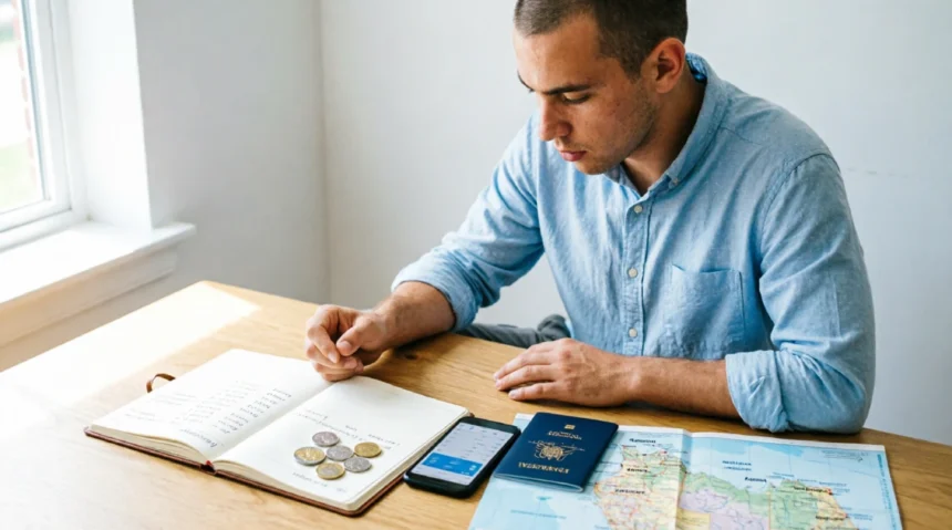 Young man reviewing travel budget notes, Australian coins, passport, and map while planning a cost-effective Australian holiday.