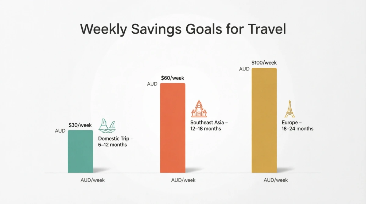 Colourful bar chart showing Australian travel savings goals: $30/week for domestic trips, $60/week for Southeast Asia holidays, and $100/week for Europe adventures, with realistic timeline estimates and destination icons