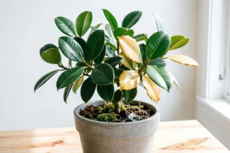 Potted indoor plant with yellowing and healthy green leaves on a timber table near a bright window, showing common houseplant stress signs