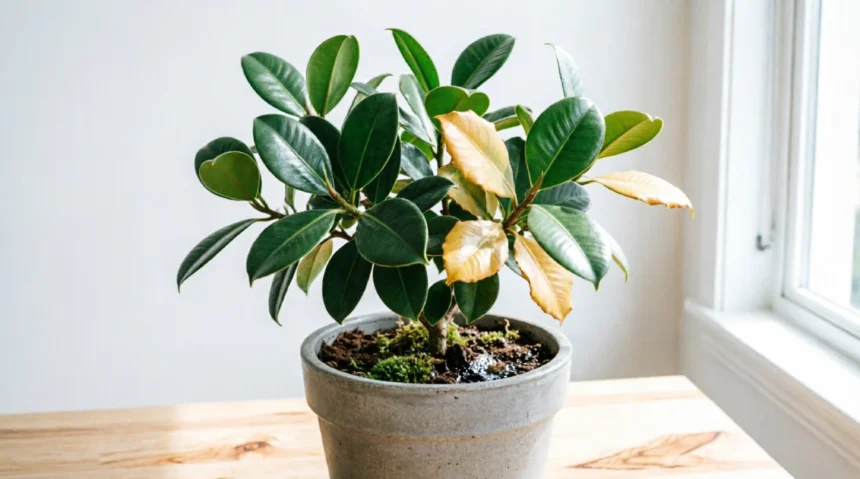 Potted indoor plant with yellowing and healthy green leaves on a timber table near a bright window, showing common houseplant stress signs