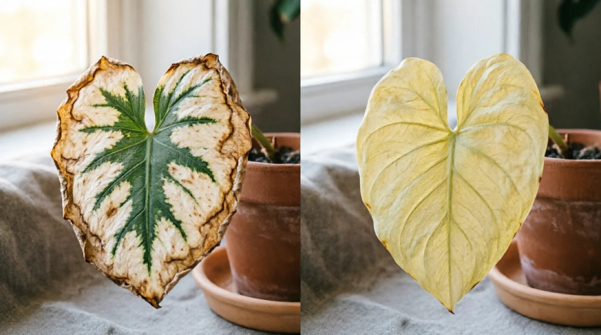 Split comparison of indoor plant leaves showing sun-scorch bleaching on the left and uniform low-light yellowing on the right, set in a warm Australian home interior.
