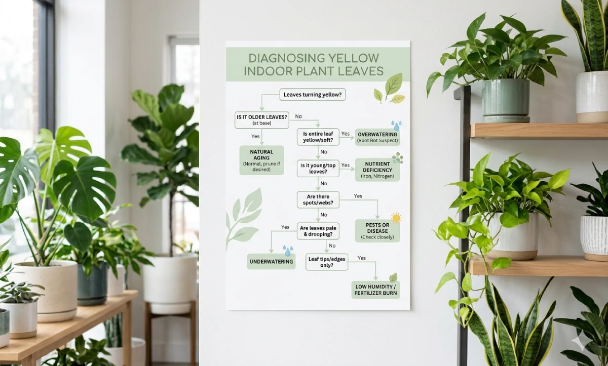 Clean decision tree flowchart diagnosing causes of yellow leaves on indoor houseplants, showing uniform and interveinal yellowing paths for Australian gardeners.