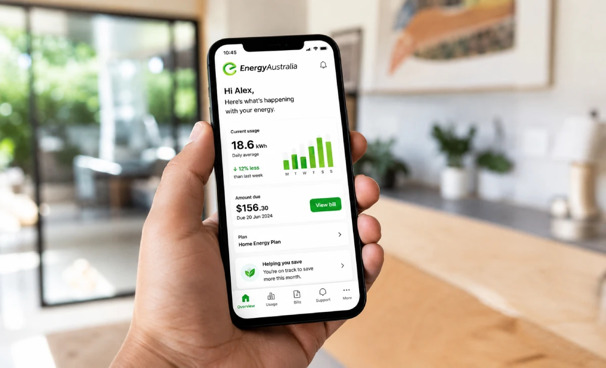 Hand holding a smartphone displaying an energy provider app dashboard with electricity usage graphs and bill summary inside a modern Australian home.