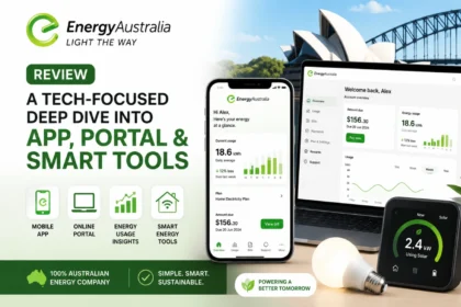 EnergyAustralia mobile app and online account portal displayed on digital devices with smart energy usage dashboard for Australian households.
