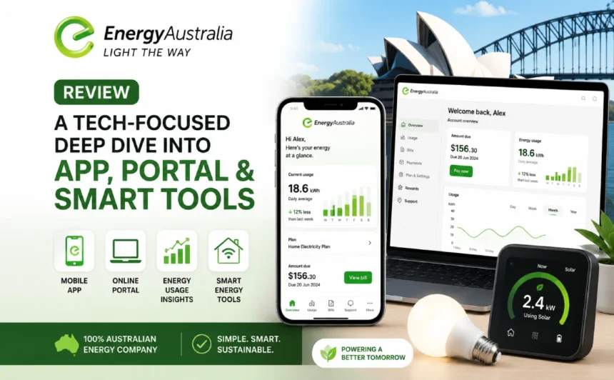EnergyAustralia mobile app and online account portal displayed on digital devices with smart energy usage dashboard for Australian households.