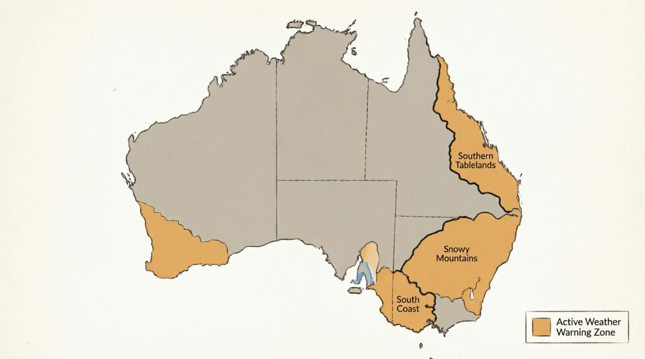 Map of NSW highlighting South Coast, Southern Tablelands, Snowy Mountains and ACT under weather warning
