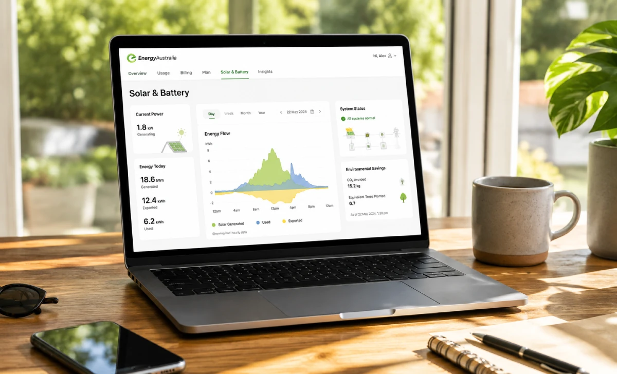 Laptop displaying a solar energy dashboard with electricity consumption and solar export graphs on a wooden desk in a bright Australian home.